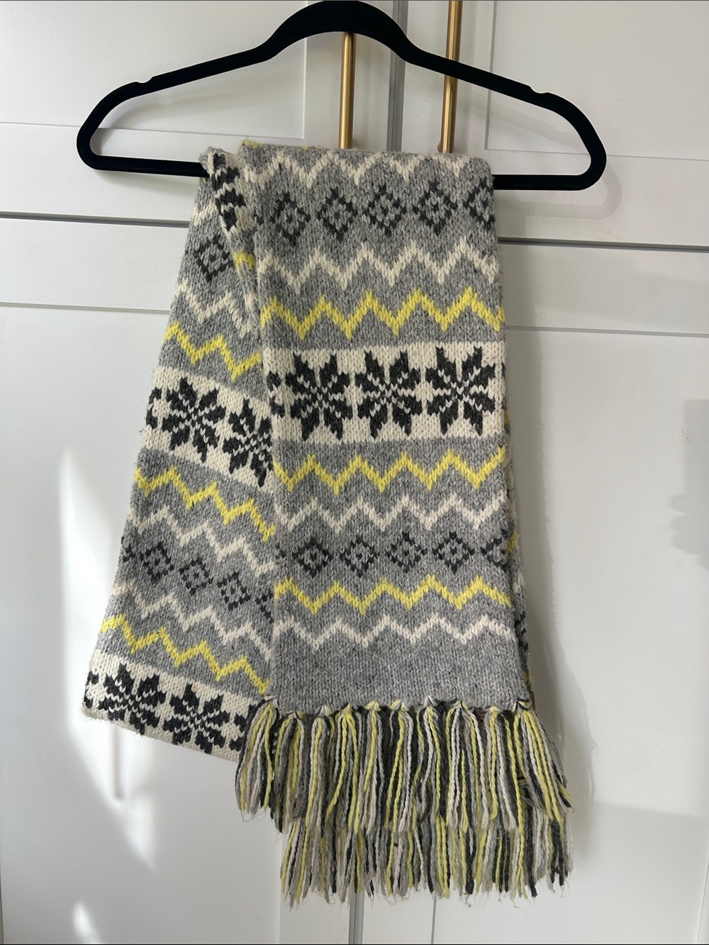 GAP Gray, White & Yellow Fair Isle Knit Scarf with Fringe